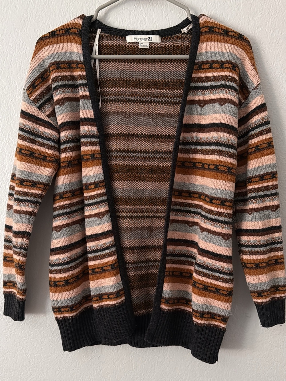 Forever 21 Striped Open-Front Cardigan — Pink, Brown & Cream